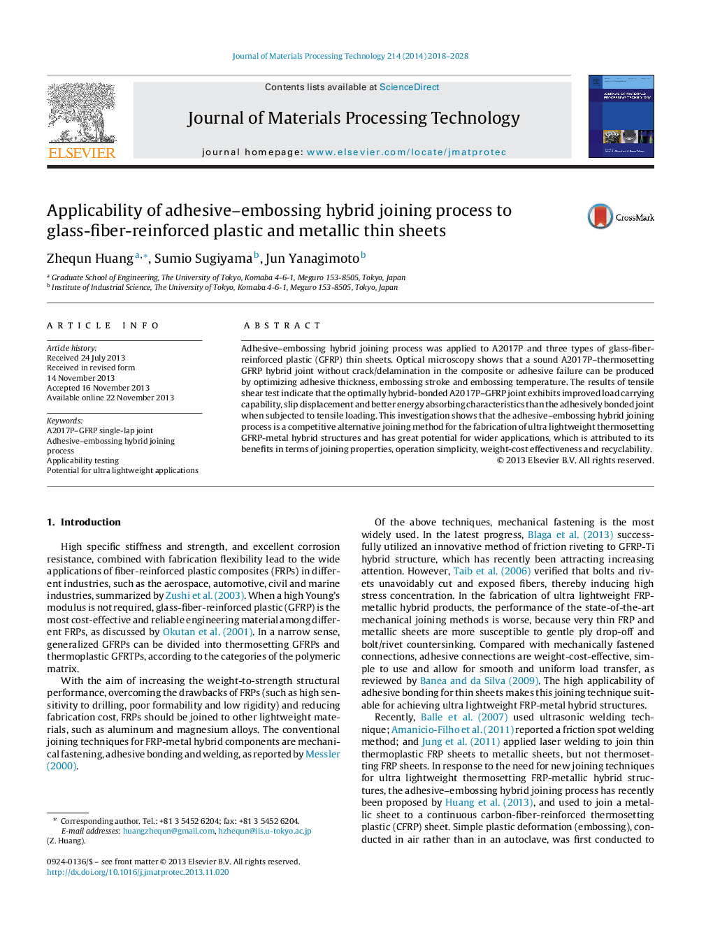 Applicability of adhesive–embossing hybrid joining process to glass-fiber-reinforced plastic and metallic thin sheets