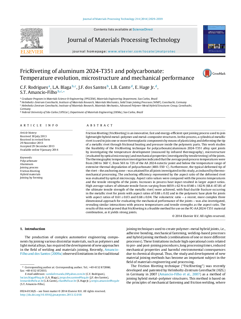 FricRiveting of aluminum 2024-T351 and polycarbonate: Temperature evolution, microstructure and mechanical performance