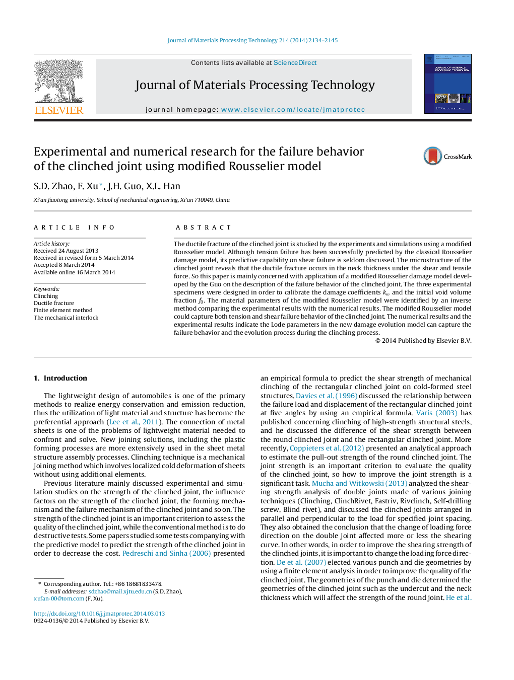 Experimental and numerical research for the failure behavior of the clinched joint using modified Rousselier model