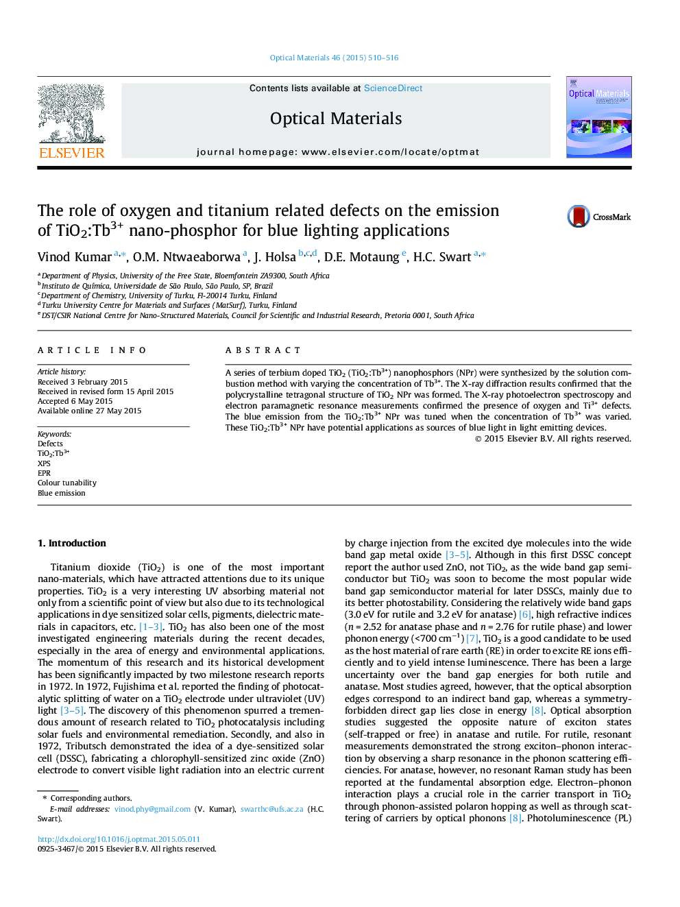 The role of oxygen and titanium related defects on the emission of TiO2:Tb3+ nano-phosphor for blue lighting applications