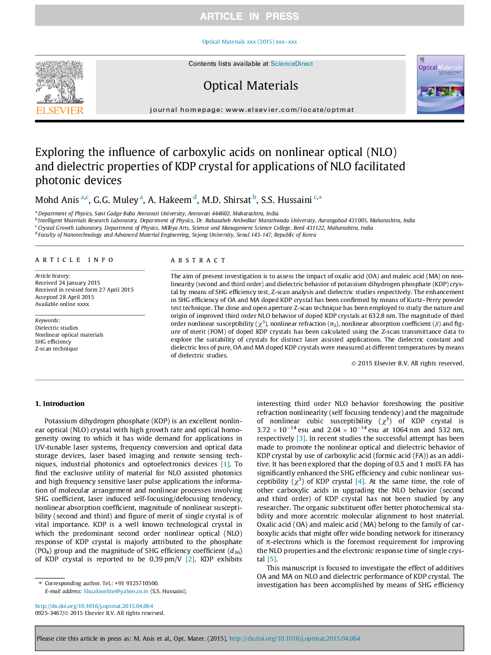 عکس صفحه اول مقاله: Exploring the influence of carboxylic acids on nonlinear optical (NLO) and dielectric properties of KDP crystal for applications of NLO facilitated photonic devices Exploring the influence of carboxylic acids on nonlinear optical (NLO) and dielectric properties of KDP crystal for applications of NLO facilitated photonic devices