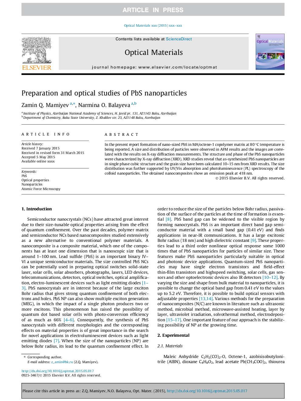 Preparation and optical studies of PbS nanoparticles