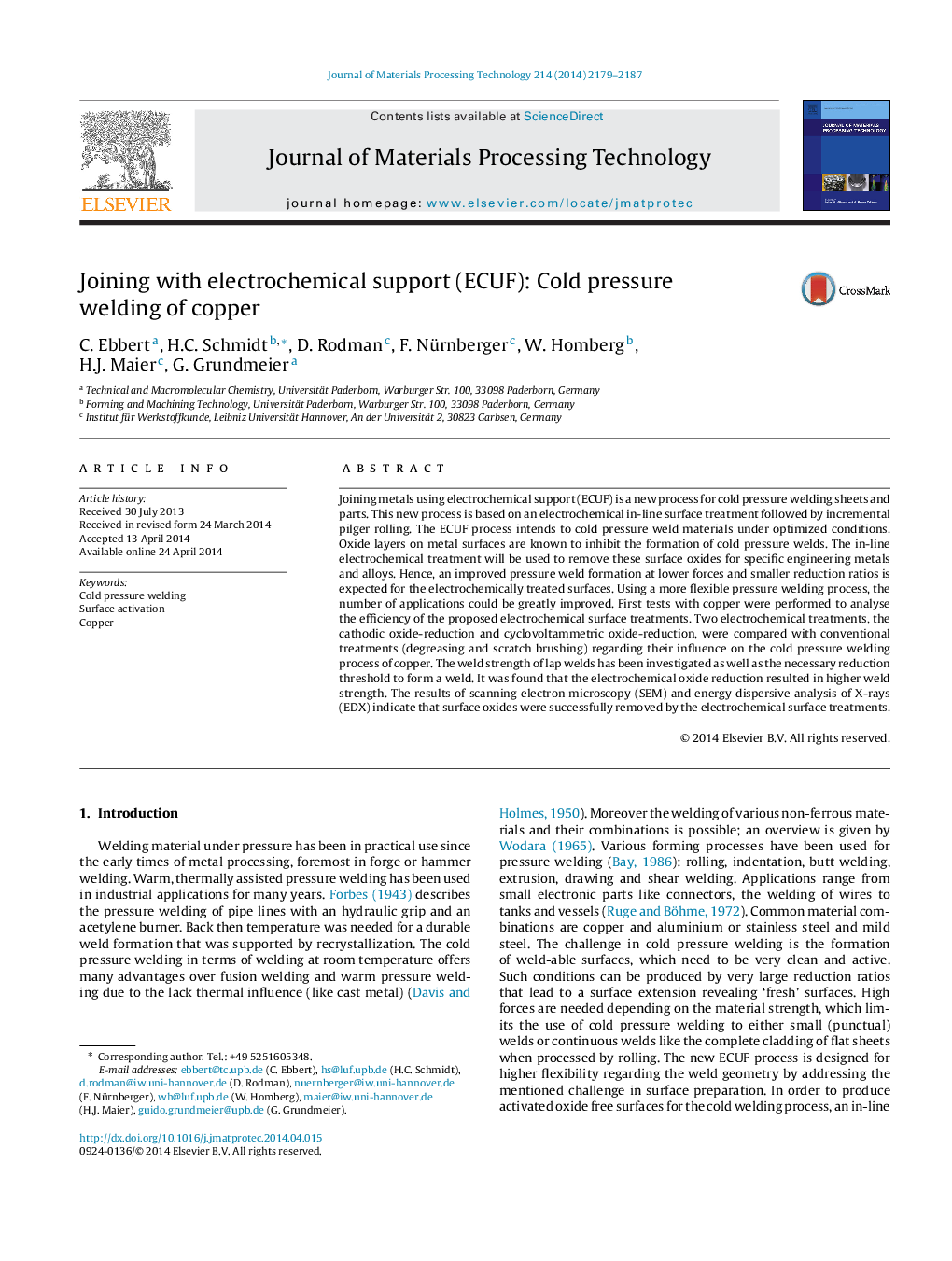 Joining with electrochemical support (ECUF): Cold pressure welding of copper