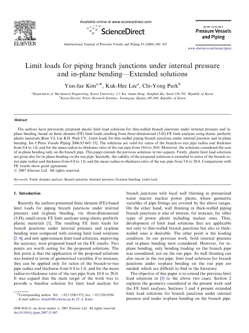 Limit loads for piping branch junctions under internal pressure and in-plane bending—Extended solutions