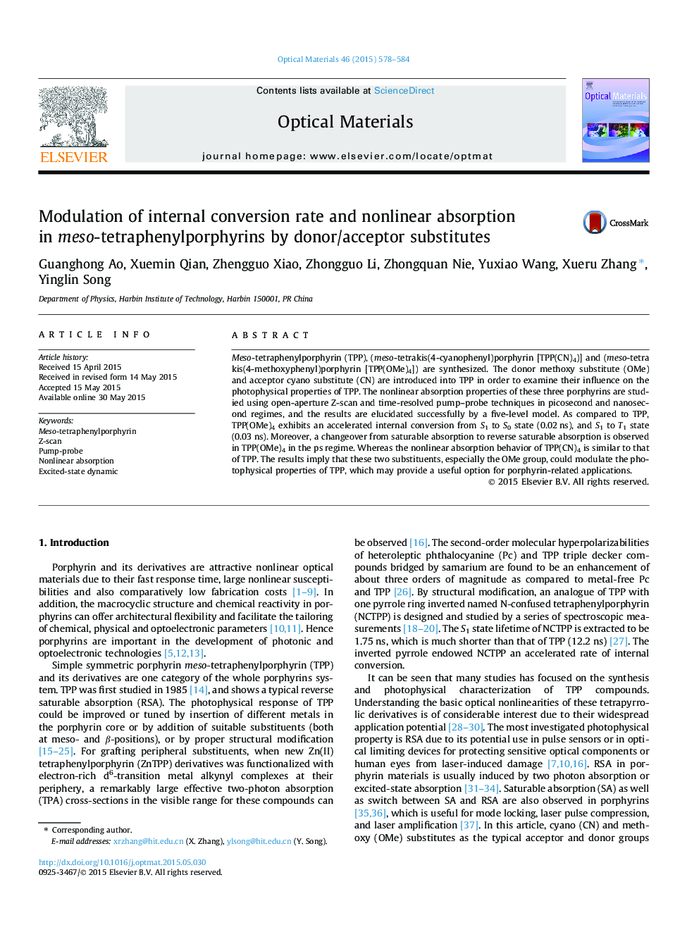 Modulation of internal conversion rate and nonlinear absorption in meso-tetraphenylporphyrins by donor/acceptor substitutes