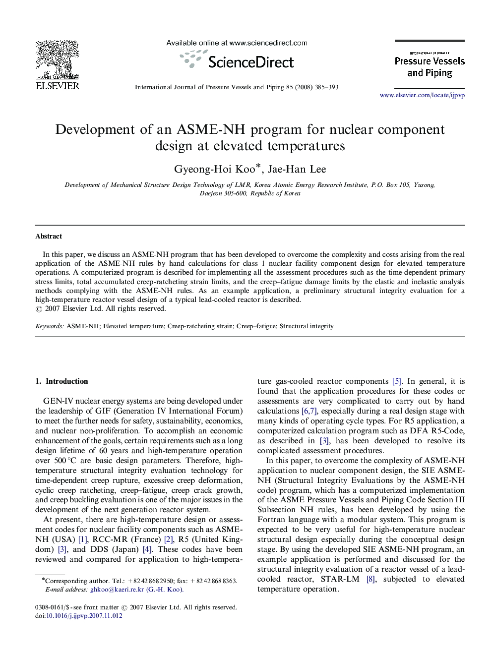 Development of an ASME-NH program for nuclear component design at elevated temperatures