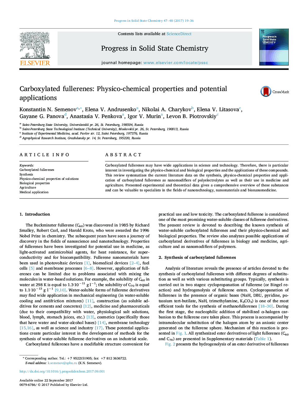 Carboxylated fullerenes: Physico-chemical properties and potential applications