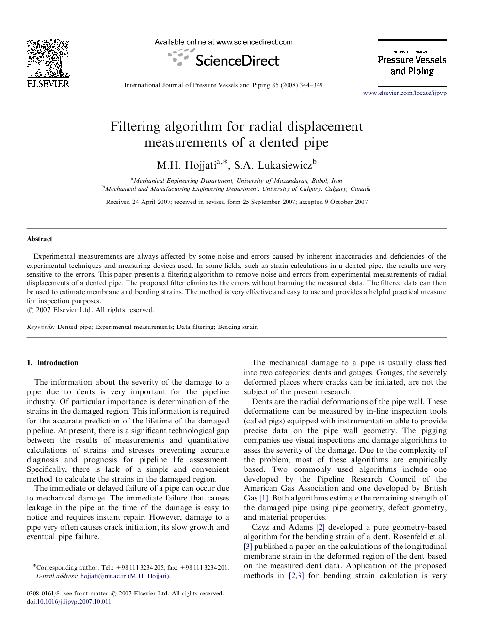 Filtering algorithm for radial displacement measurements of a dented pipe