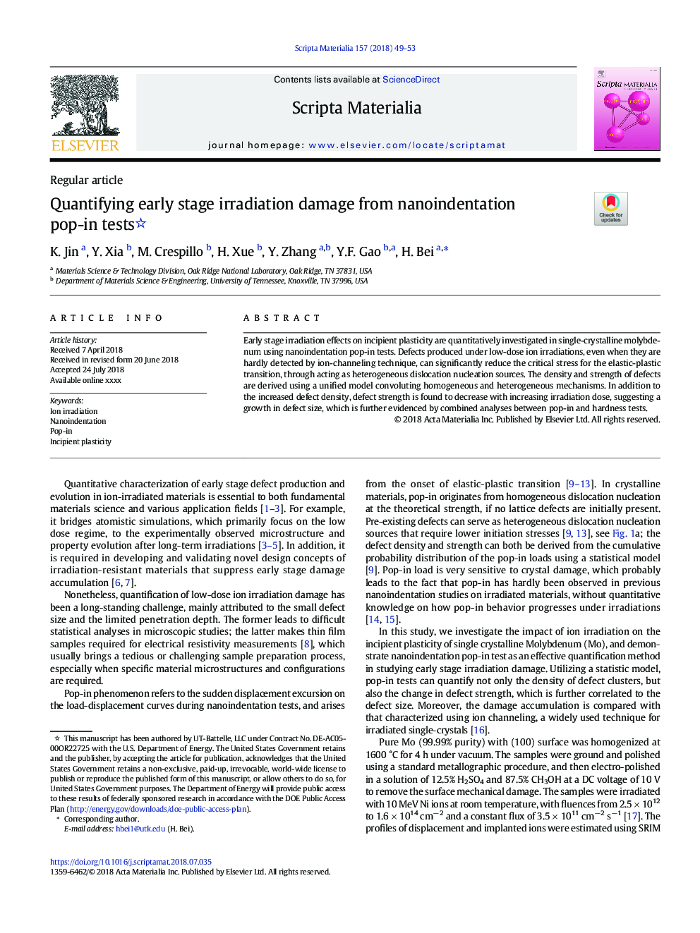 Quantifying early stage irradiation damage from nanoindentation pop-in tests