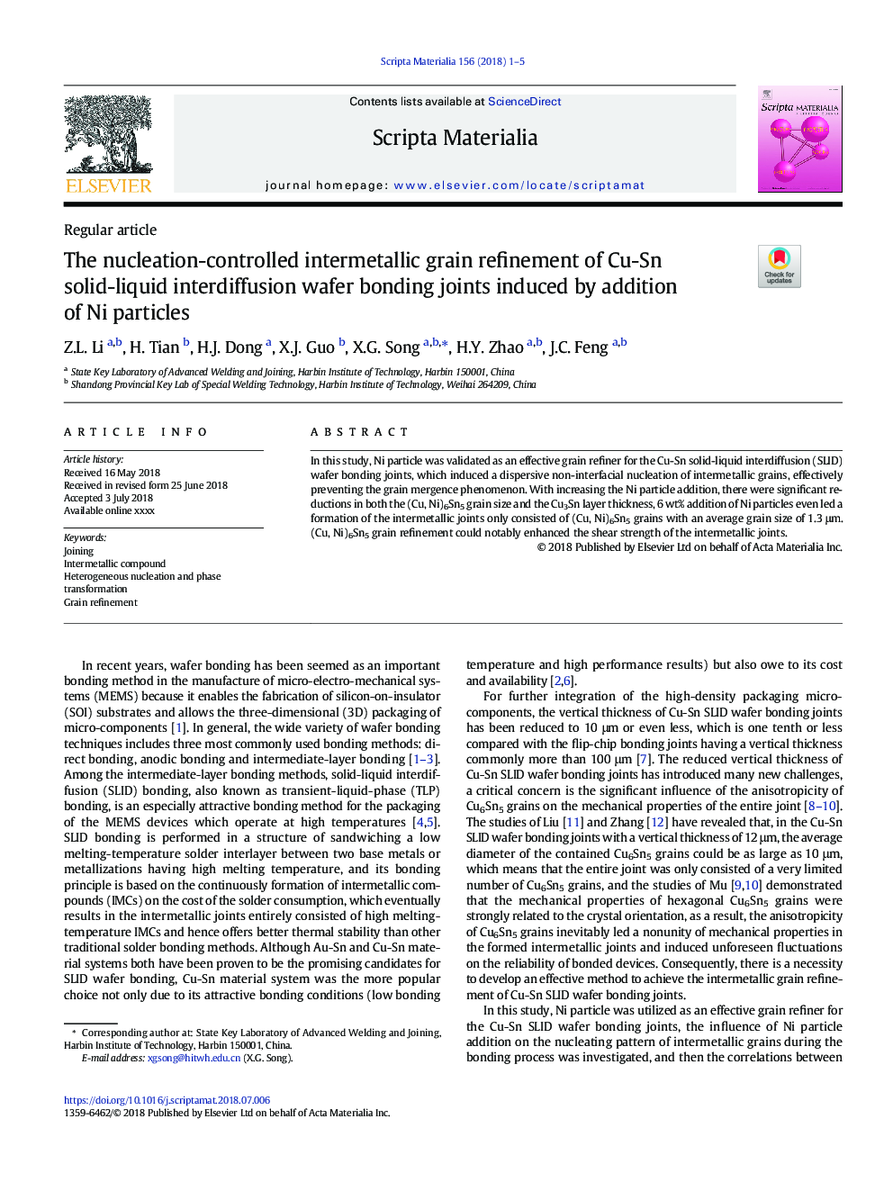 The nucleation-controlled intermetallic grain refinement of Cu-Sn solid-liquid interdiffusion wafer bonding joints induced by addition of Ni particles