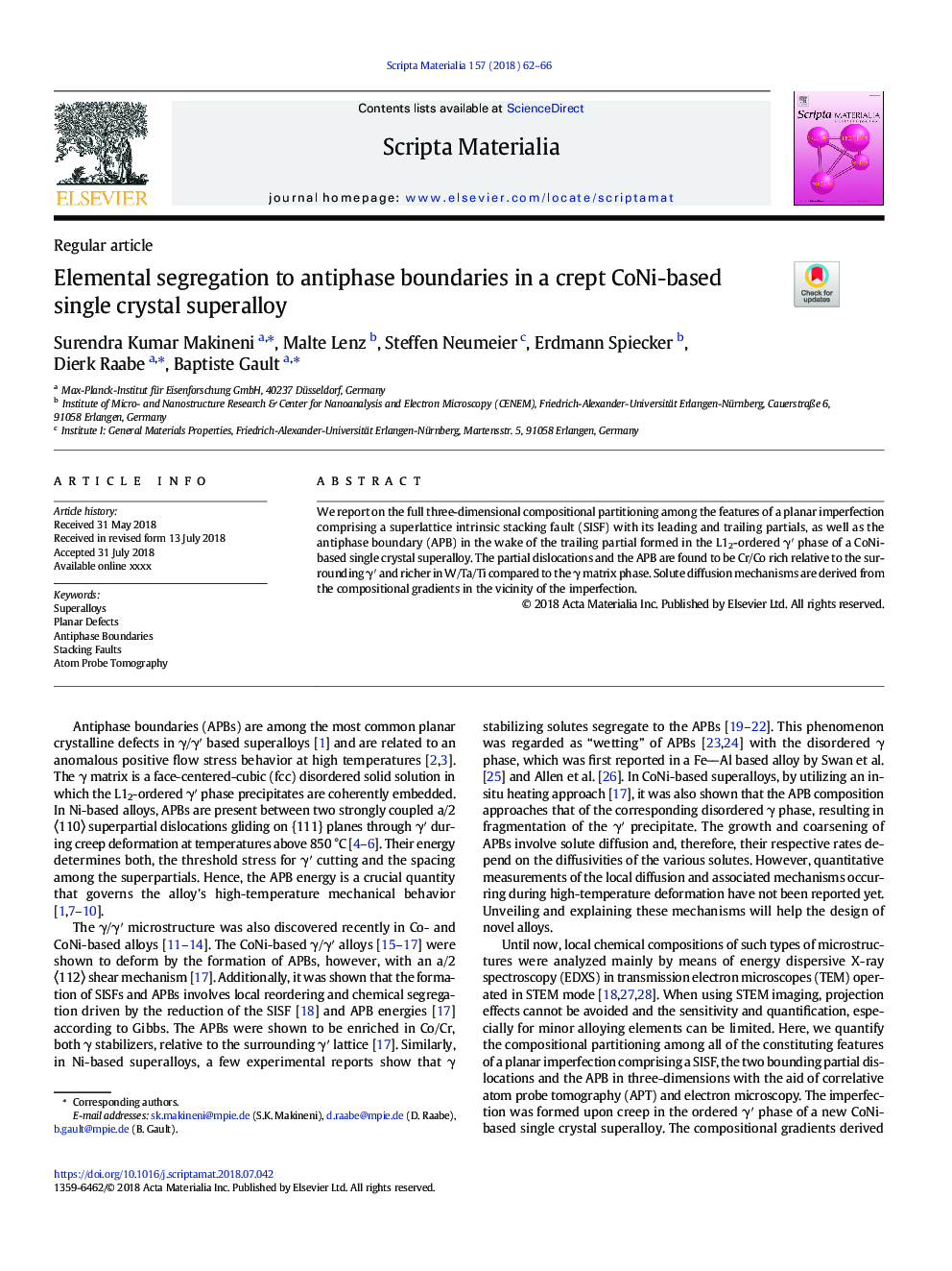 Elemental segregation to antiphase boundaries in a crept CoNi-based single crystal superalloy