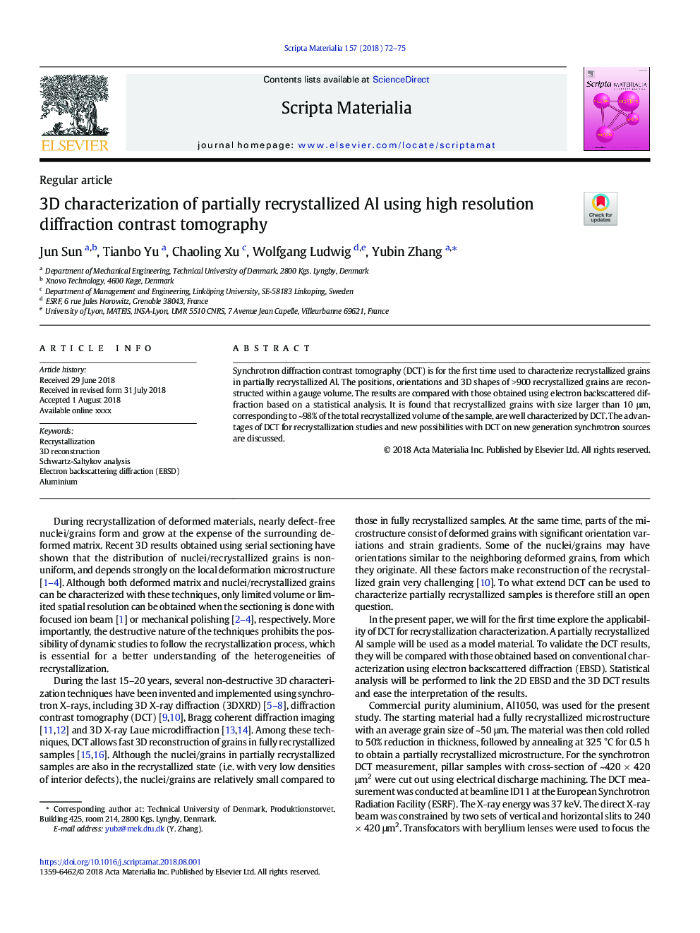 3D characterization of partially recrystallized Al using high resolution diffraction contrast tomography