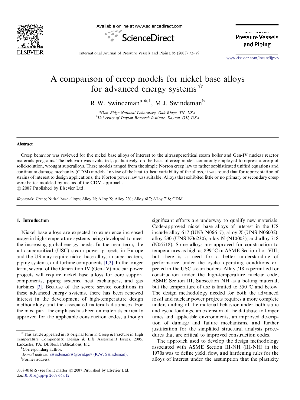 A comparison of creep models for nickel base alloys for advanced energy systems 