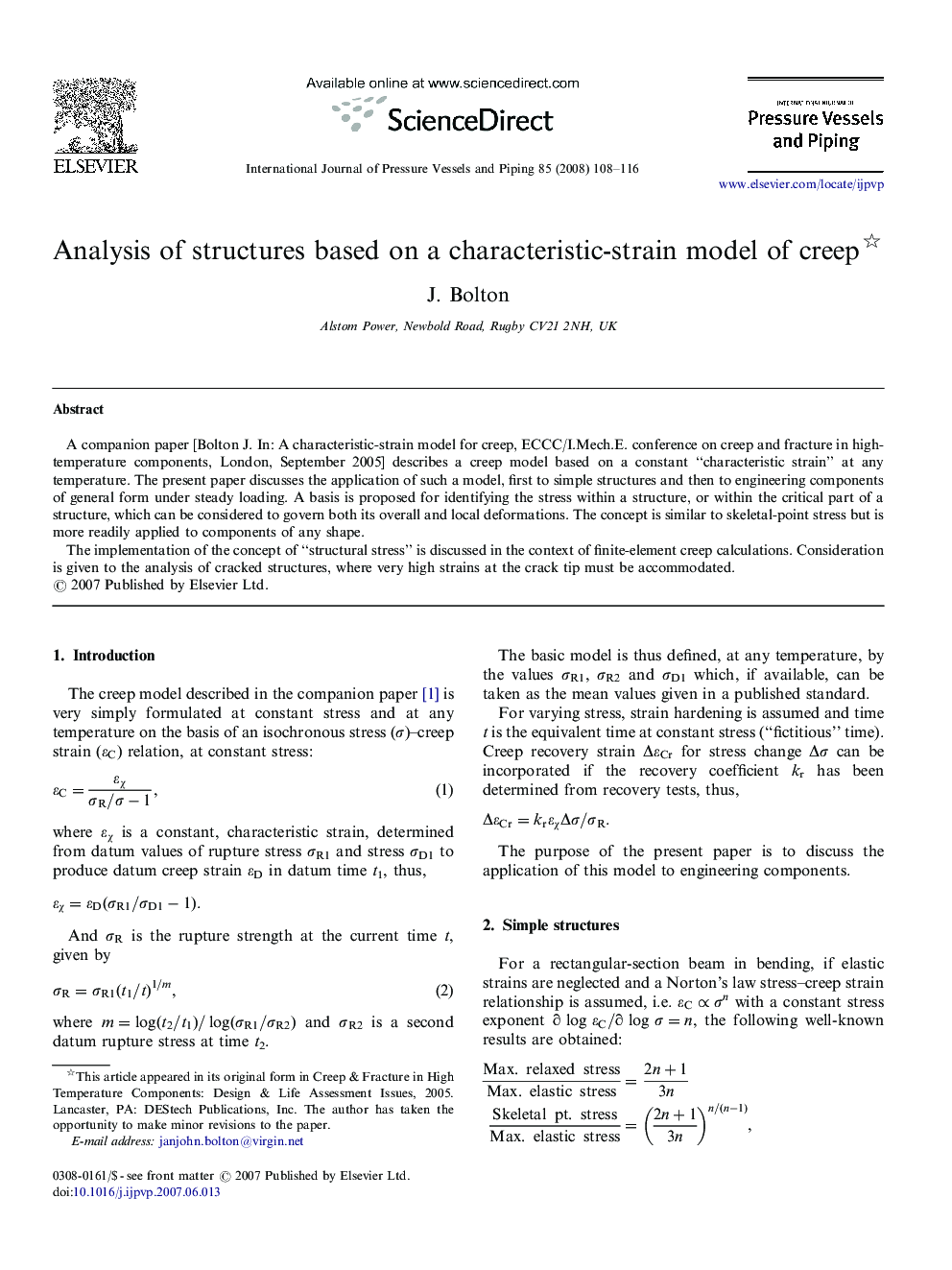 Analysis of structures based on a characteristic-strain model of creep 