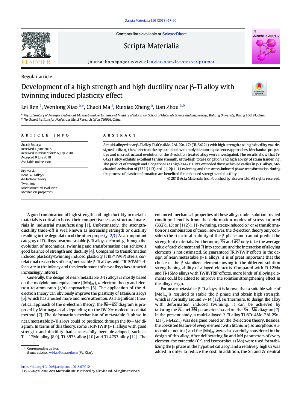 Development of a high strength and high ductility near Î²-Ti alloy with twinning induced plasticity effect