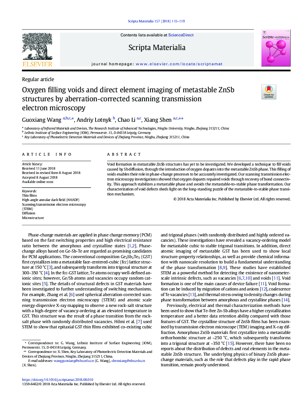 Oxygen filling voids and direct element imaging of metastable ZnSb structures by aberration-corrected scanning transmission electron microscopy