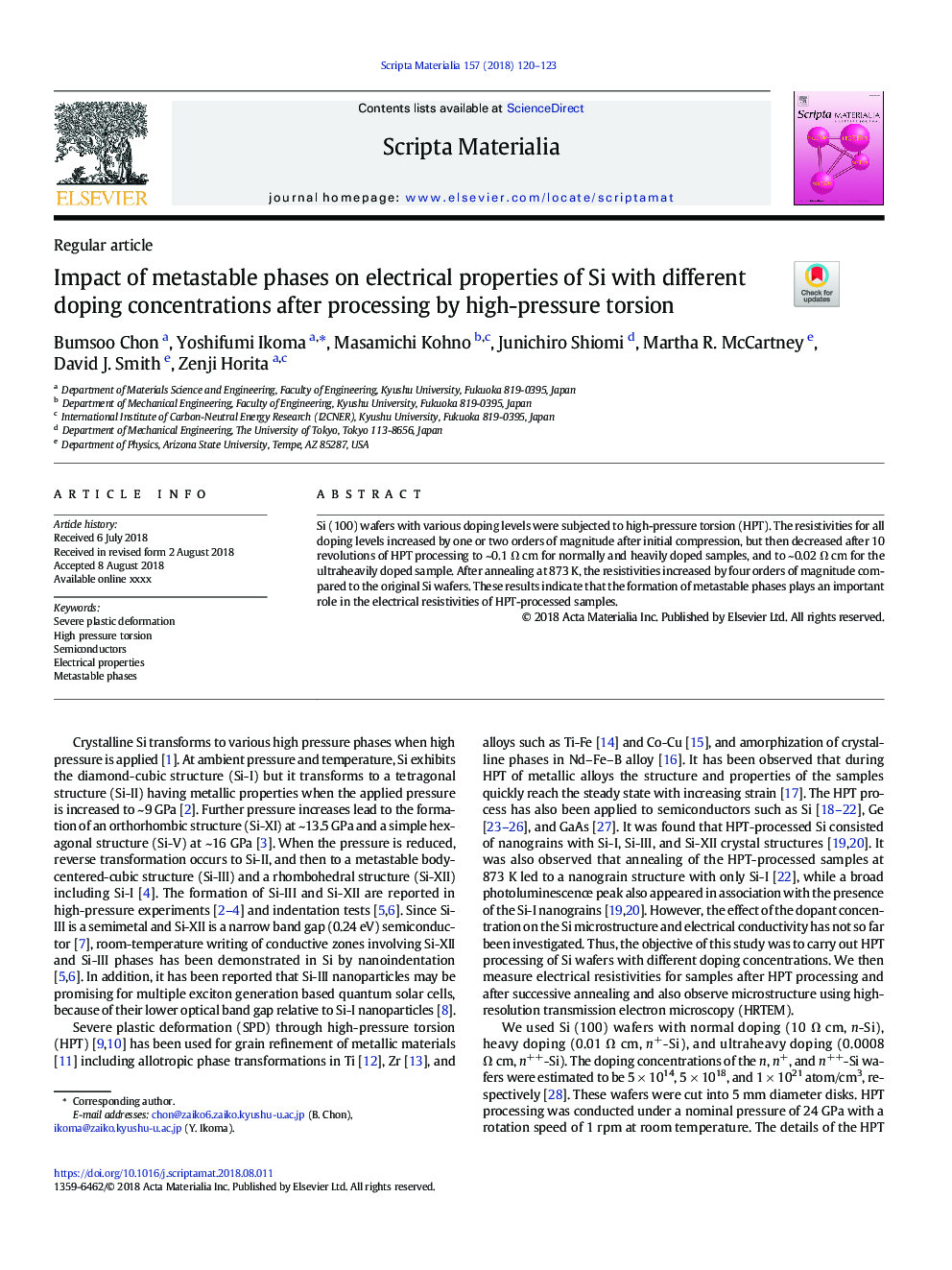 Impact of metastable phases on electrical properties of Si with different doping concentrations after processing by high-pressure torsion