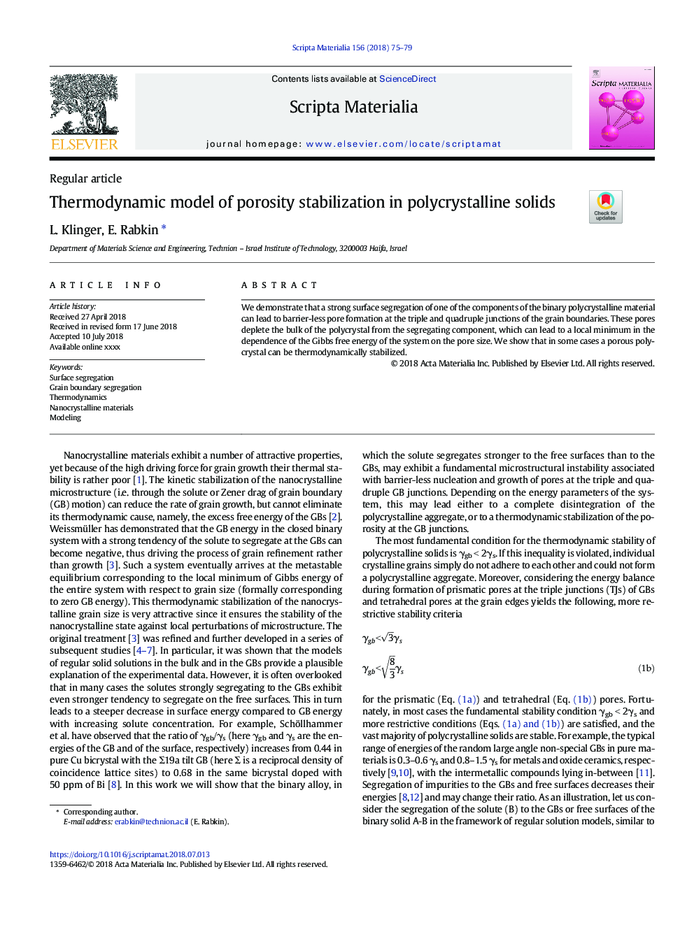 Thermodynamic model of porosity stabilization in polycrystalline solids