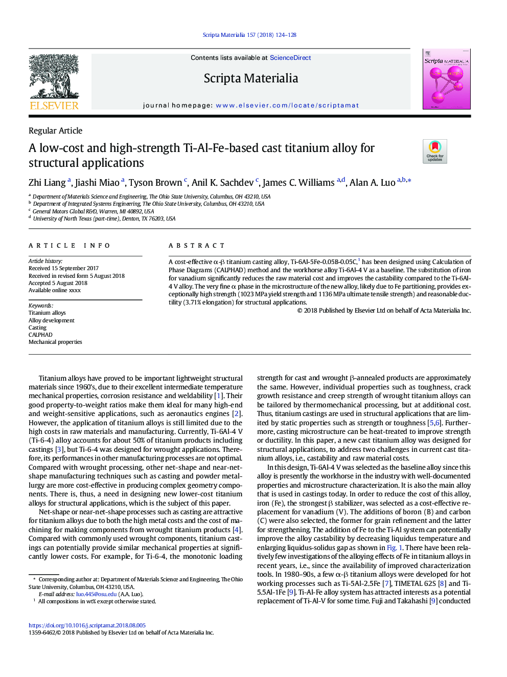 A low-cost and high-strength Ti-Al-Fe-based cast titanium alloy for structural applications