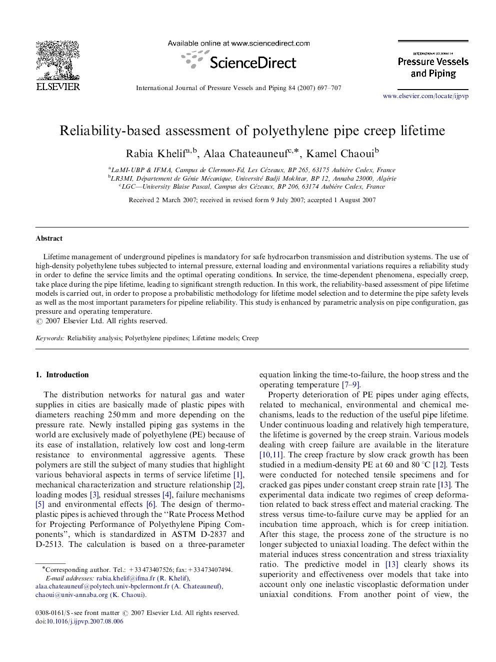 Reliability-based assessment of polyethylene pipe creep lifetime