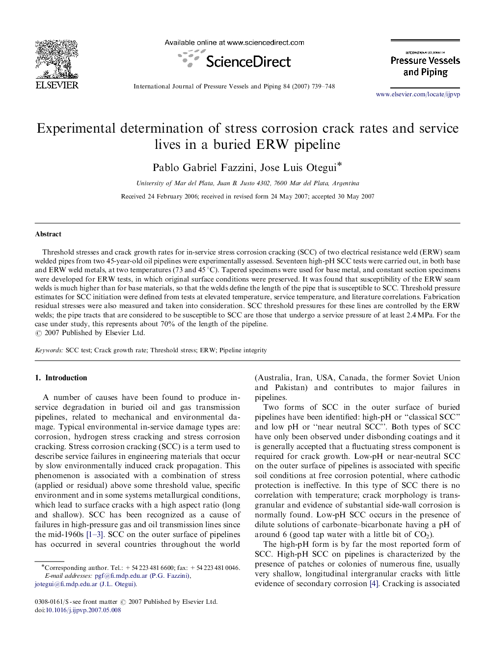عکس صفحه اول مقاله: Experimental determination of stress corrosion crack rates and service lives in a buried ERW pipeline Experimental determination of stress corrosion crack rates and service lives in a buried ERW pipeline