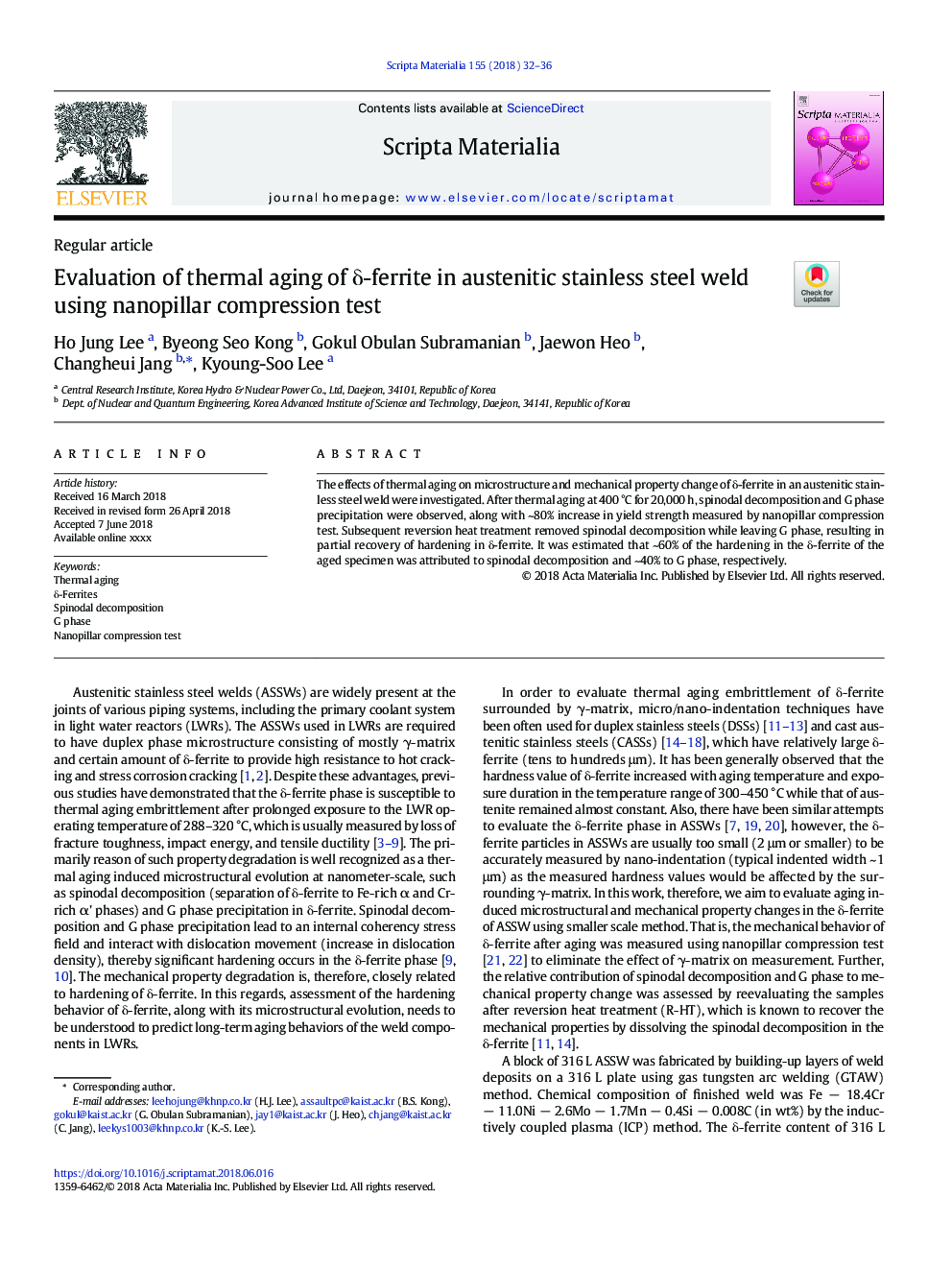 Evaluation of thermal aging of Î´-ferrite in austenitic stainless steel weld using nanopillar compression test