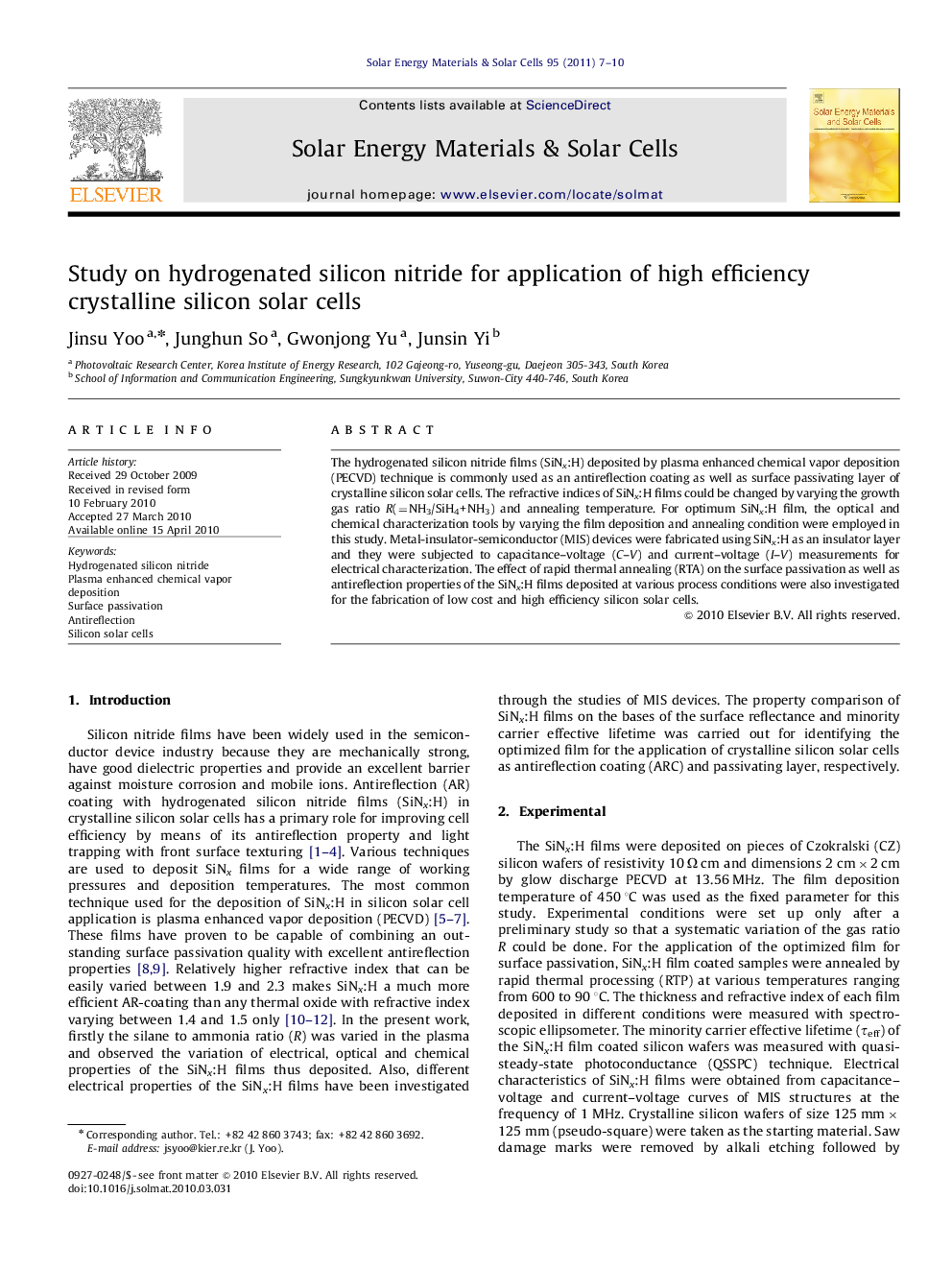 Study on hydrogenated silicon nitride for application of high efficiency crystalline silicon solar cells