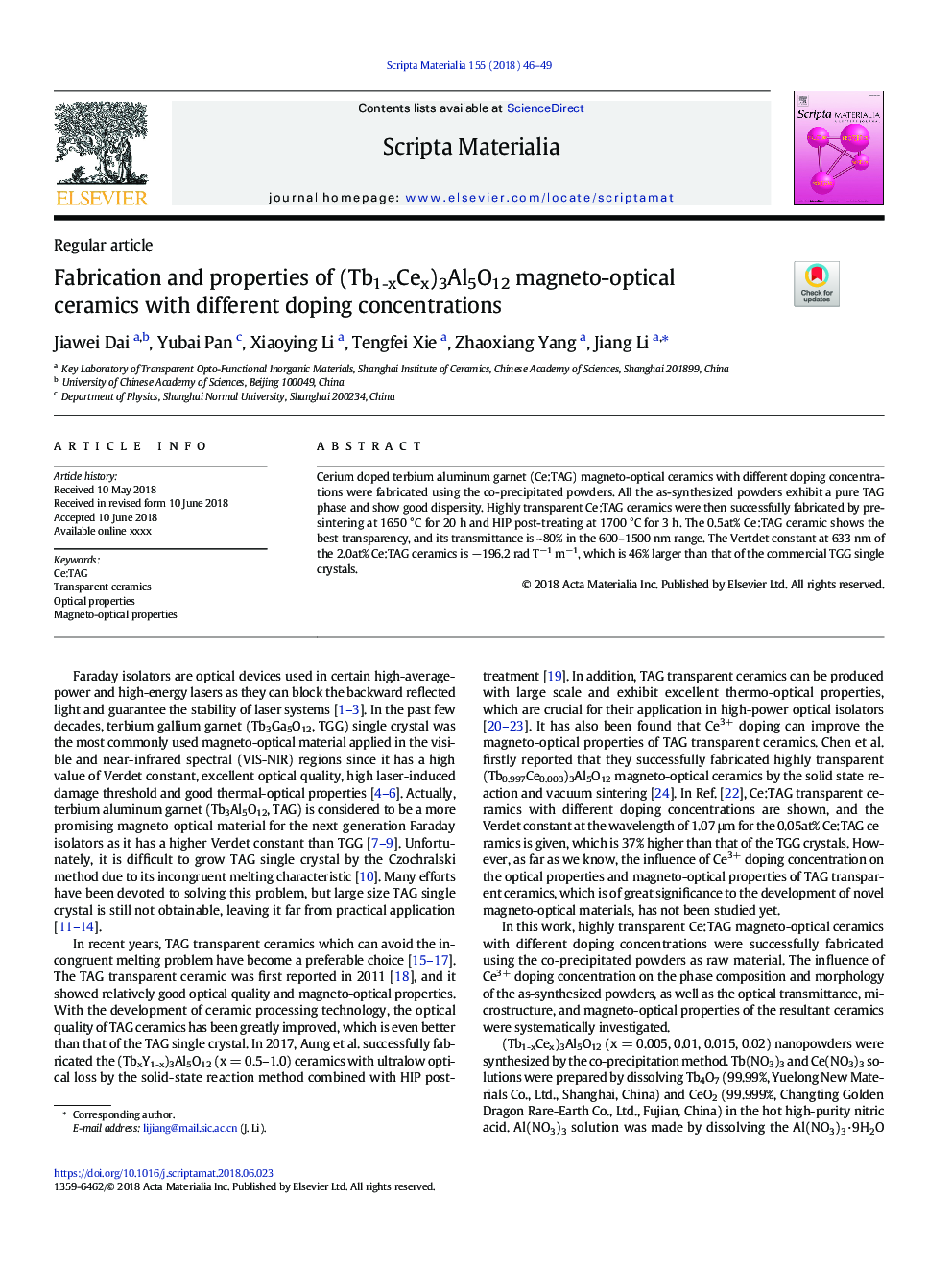 Fabrication and properties of (Tb1-xCex)3Al5O12 magneto-optical ceramics with different doping concentrations