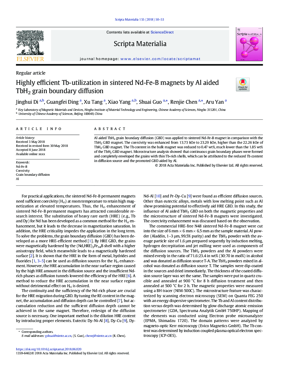 Highly efficient Tb-utilization in sintered Nd-Fe-B magnets by Al aided TbH2 grain boundary diffusion