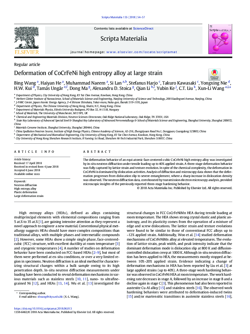 Deformation of CoCrFeNi high entropy alloy at large strain