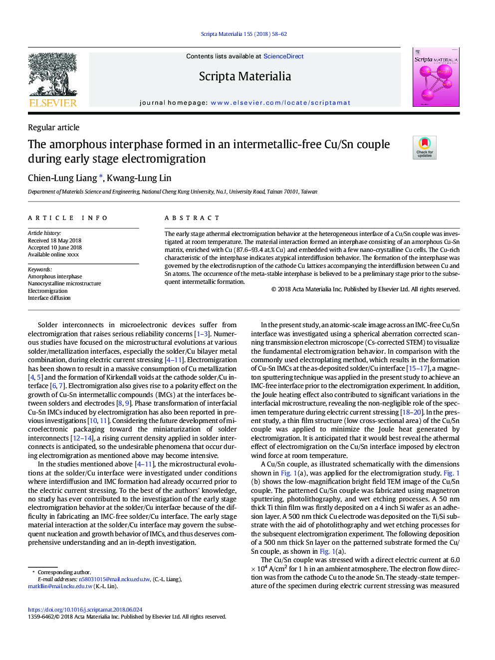 The amorphous interphase formed in an intermetallic-free Cu/Sn couple during early stage electromigration