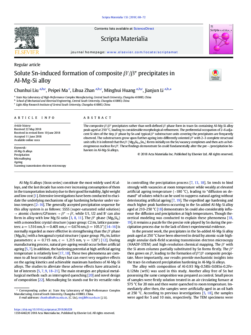 Solute Sn-induced formation of composite Î²â²/Î²â³ precipitates in Al-Mg-Si alloy