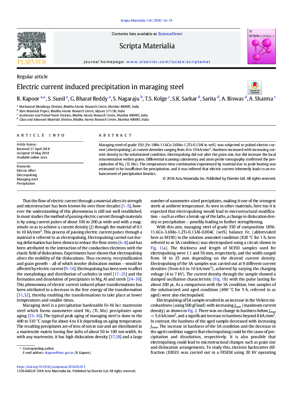 Electric current induced precipitation in maraging steel