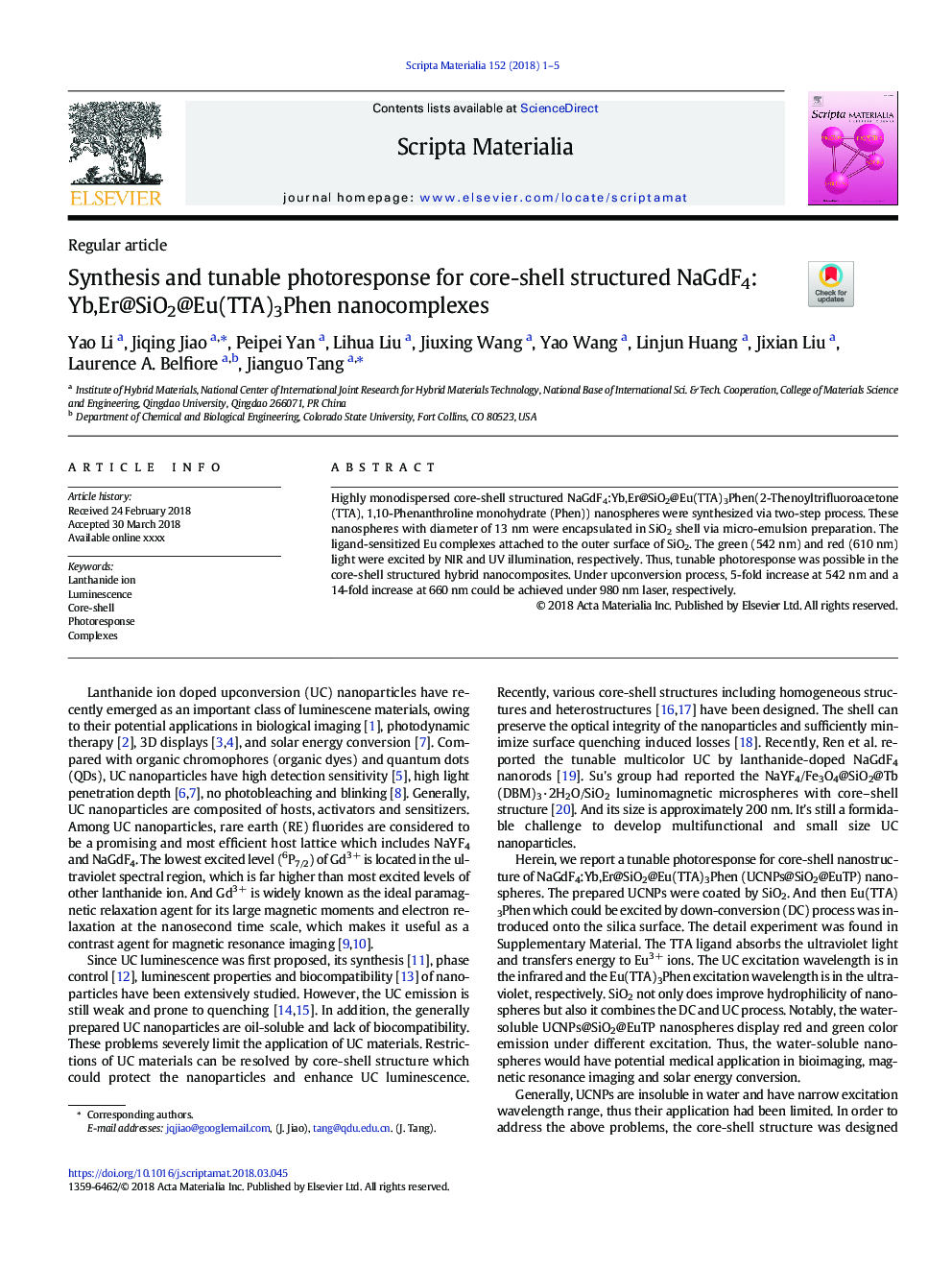 Synthesis and tunable photoresponse for core-shell structured NaGdF4:Yb,Er@SiO2@Eu(TTA)3Phen nanocomplexes