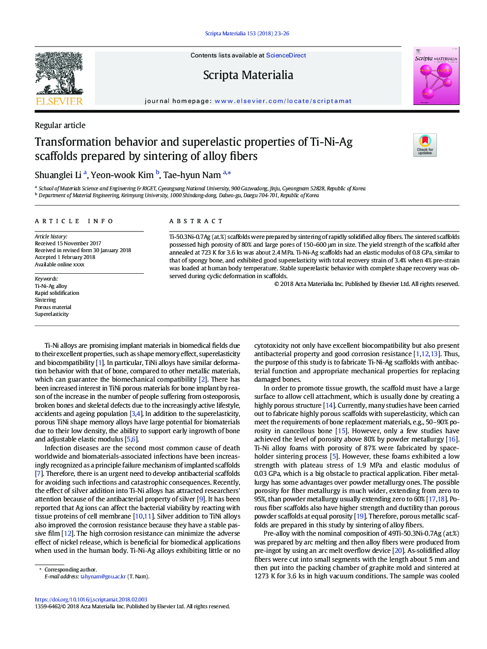 Transformation behavior and superelastic properties of Ti-Ni-Ag scaffolds prepared by sintering of alloy fibers