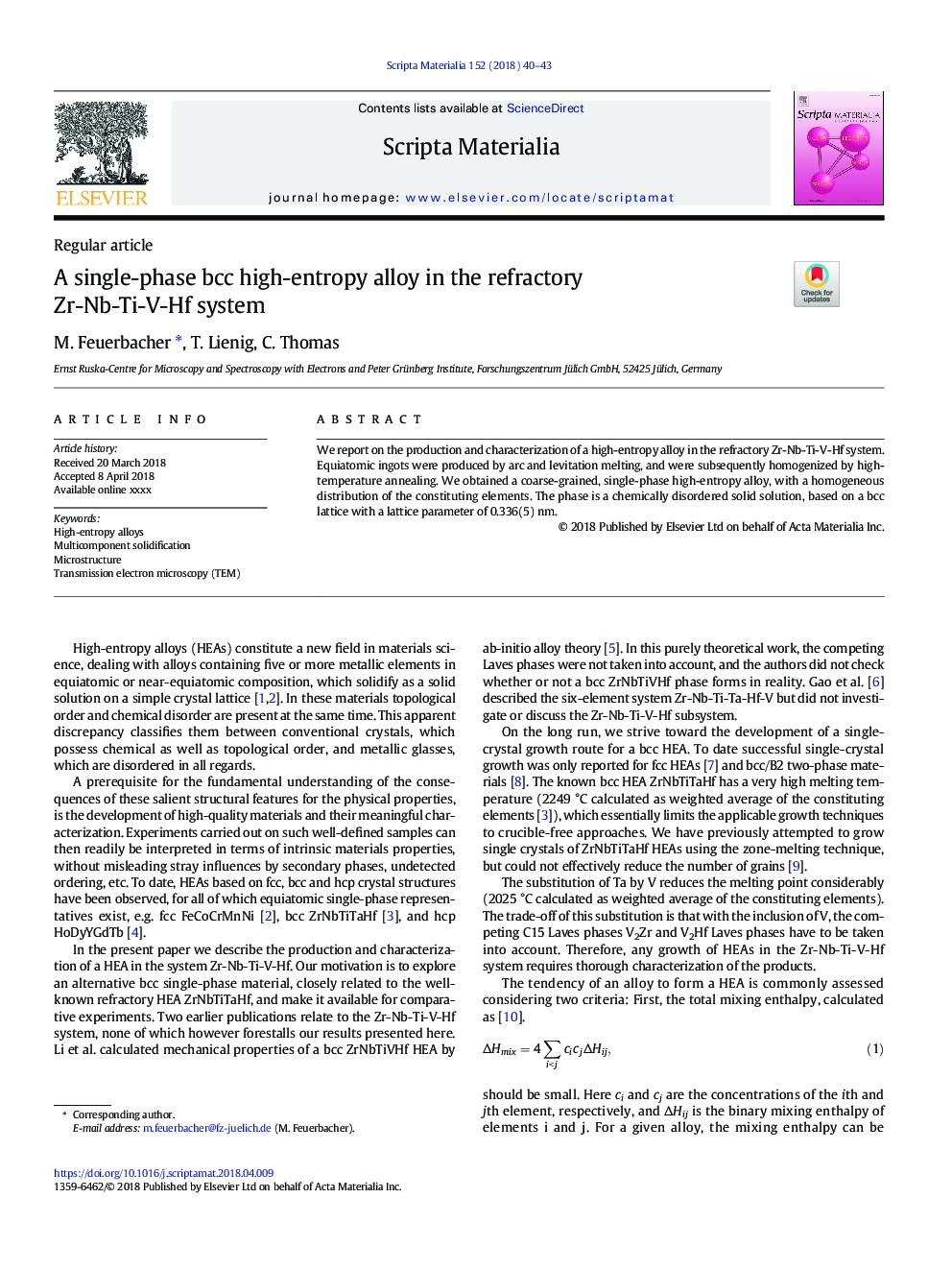 A single-phase bcc high-entropy alloy in the refractory Zr-Nb-Ti-V-Hf system