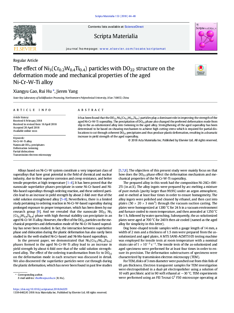 The effect of Ni3(Cr0.2W0.4Ti0.4) particles with DO22 structure on the deformation mode and mechanical properties of the aged Ni-Cr-W-Ti alloy