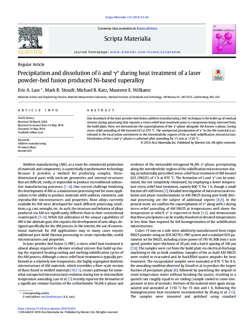 Precipitation and dissolution of Î´ and Î³â³ during heat treatment of a laser powder-bed fusion produced Ni-based superalloy