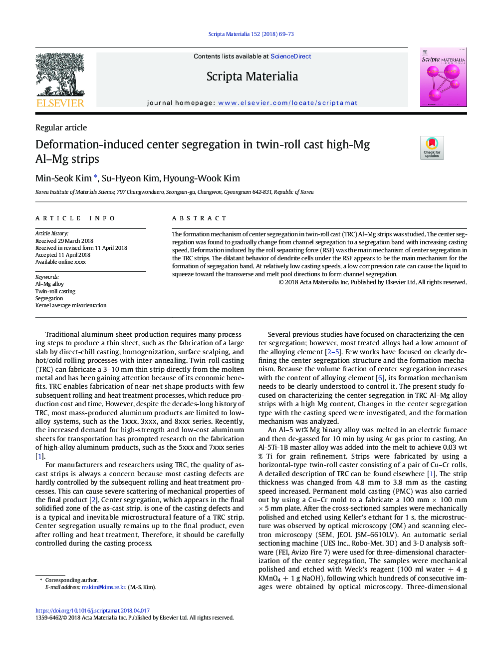 Deformation-induced center segregation in twin-roll cast high-Mg Al-Mg strips