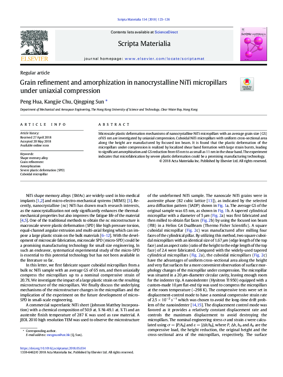 Grain refinement and amorphization in nanocrystalline NiTi micropillars under uniaxial compression