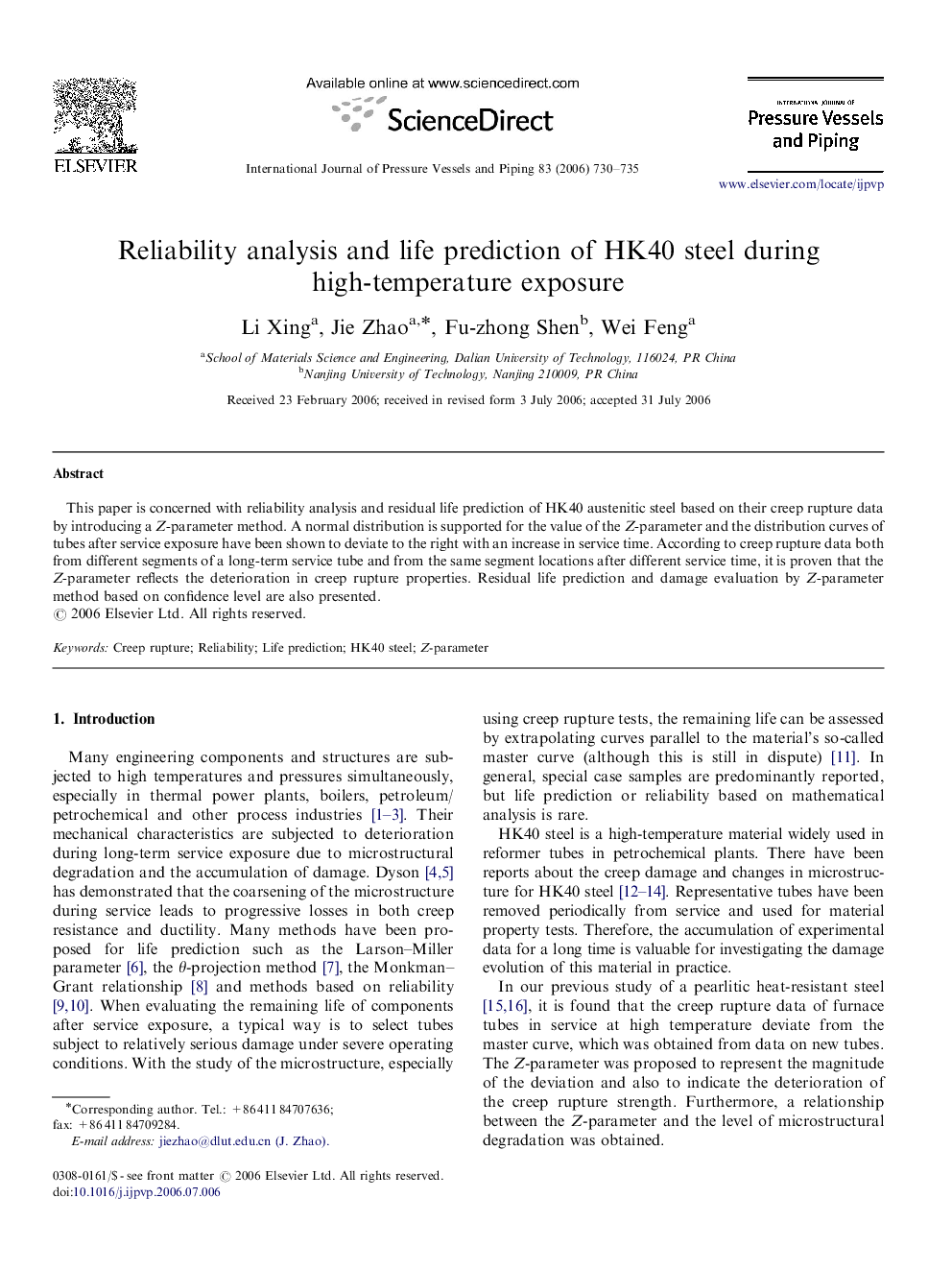 Reliability analysis and life prediction of HK40 steel during high-temperature exposure