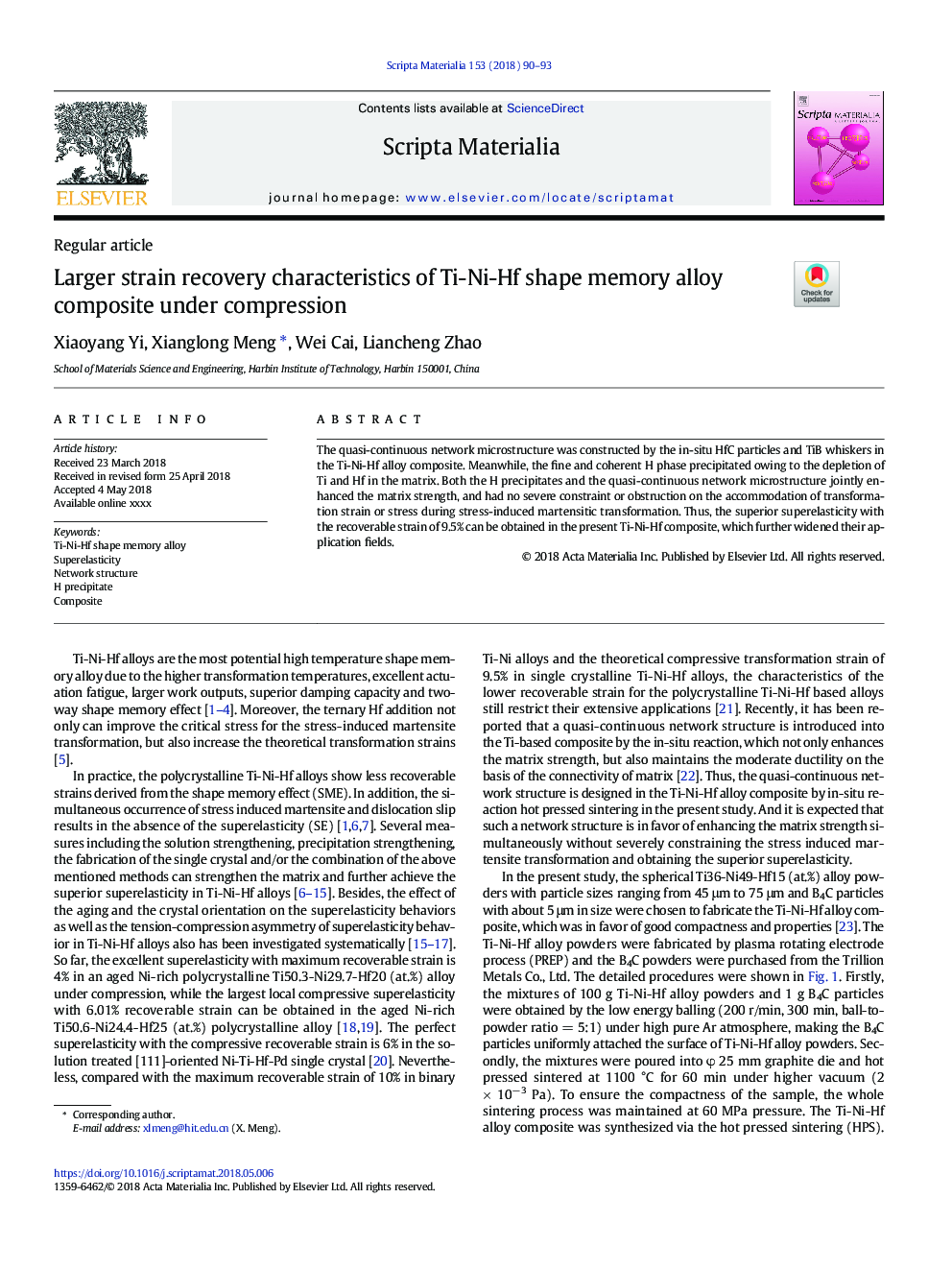 Larger strain recovery characteristics of Ti-Ni-Hf shape memory alloy composite under compression