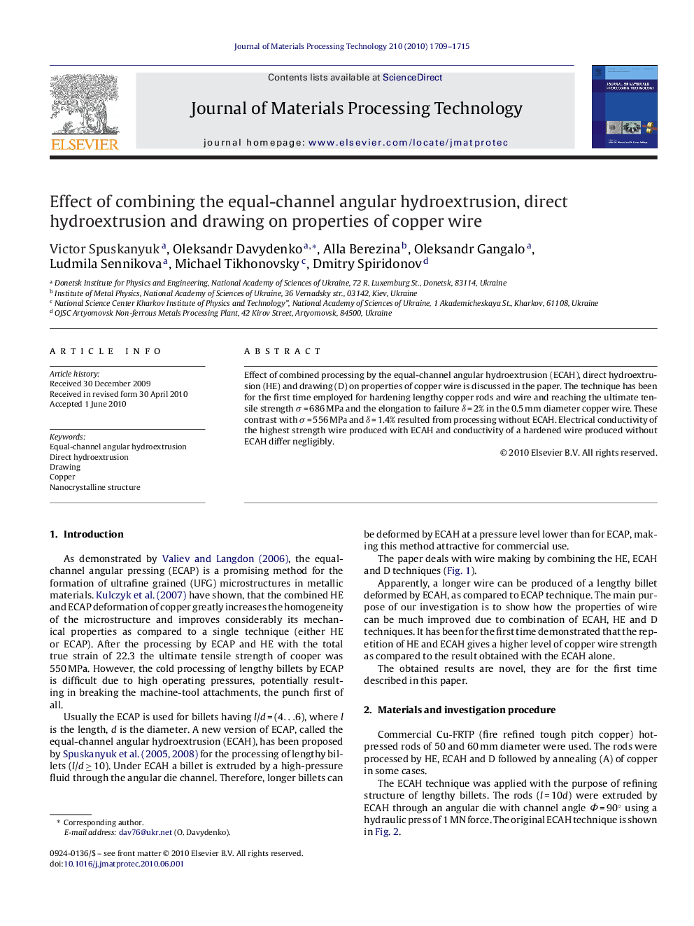 Effect of combining the equal-channel angular hydroextrusion, direct hydroextrusion and drawing on properties of copper wire