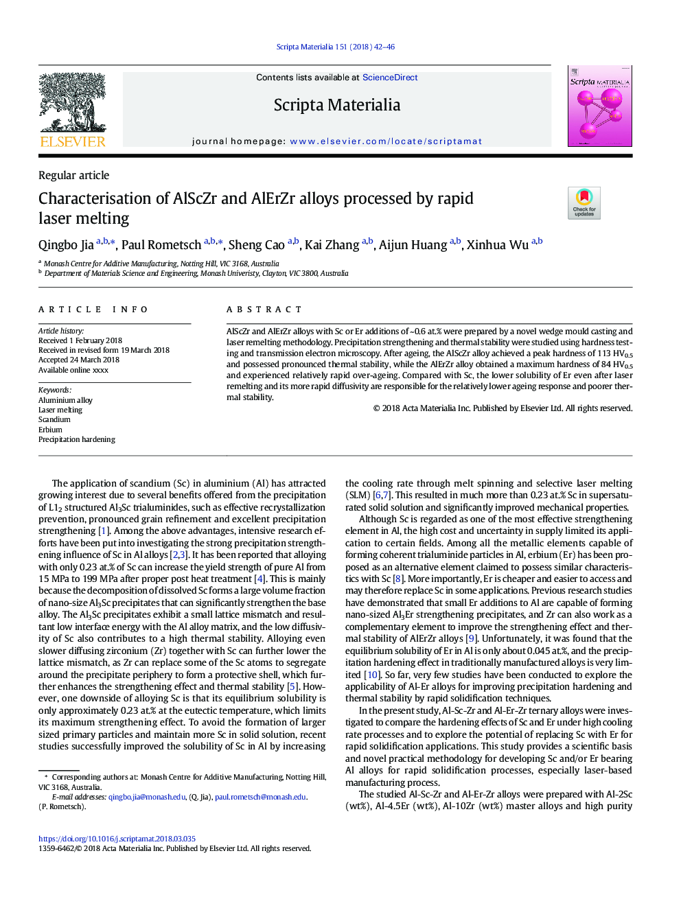 Characterisation of AlScZr and AlErZr alloys processed by rapid laser melting