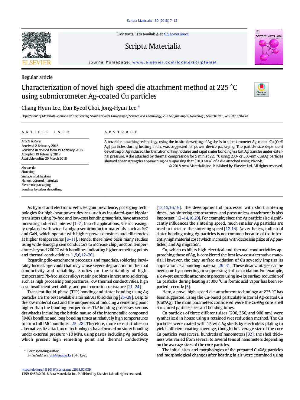 Characterization of novel high-speed die attachment method at 225Â Â°C using submicrometer Ag-coated Cu particles