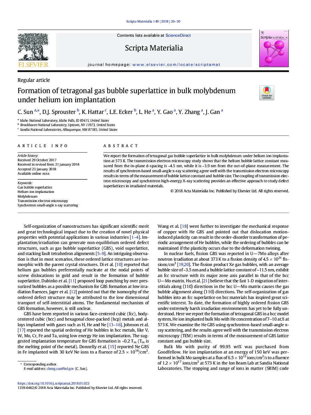 Formation of tetragonal gas bubble superlattice in bulk molybdenum under helium ion implantation
