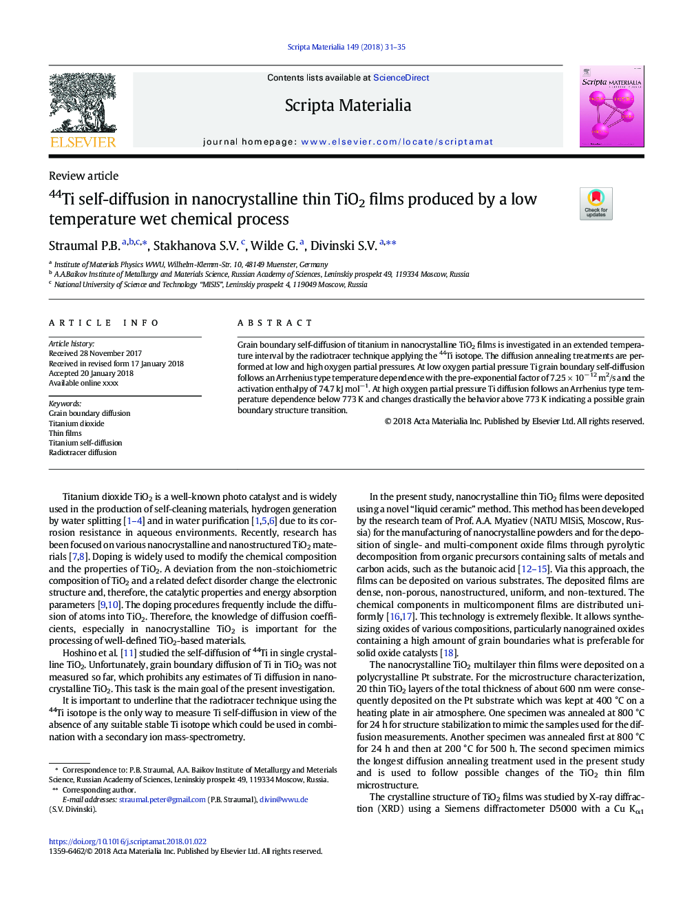 44Ti self-diffusion in nanocrystalline thin TiO2 films produced by a low temperature wet chemical process