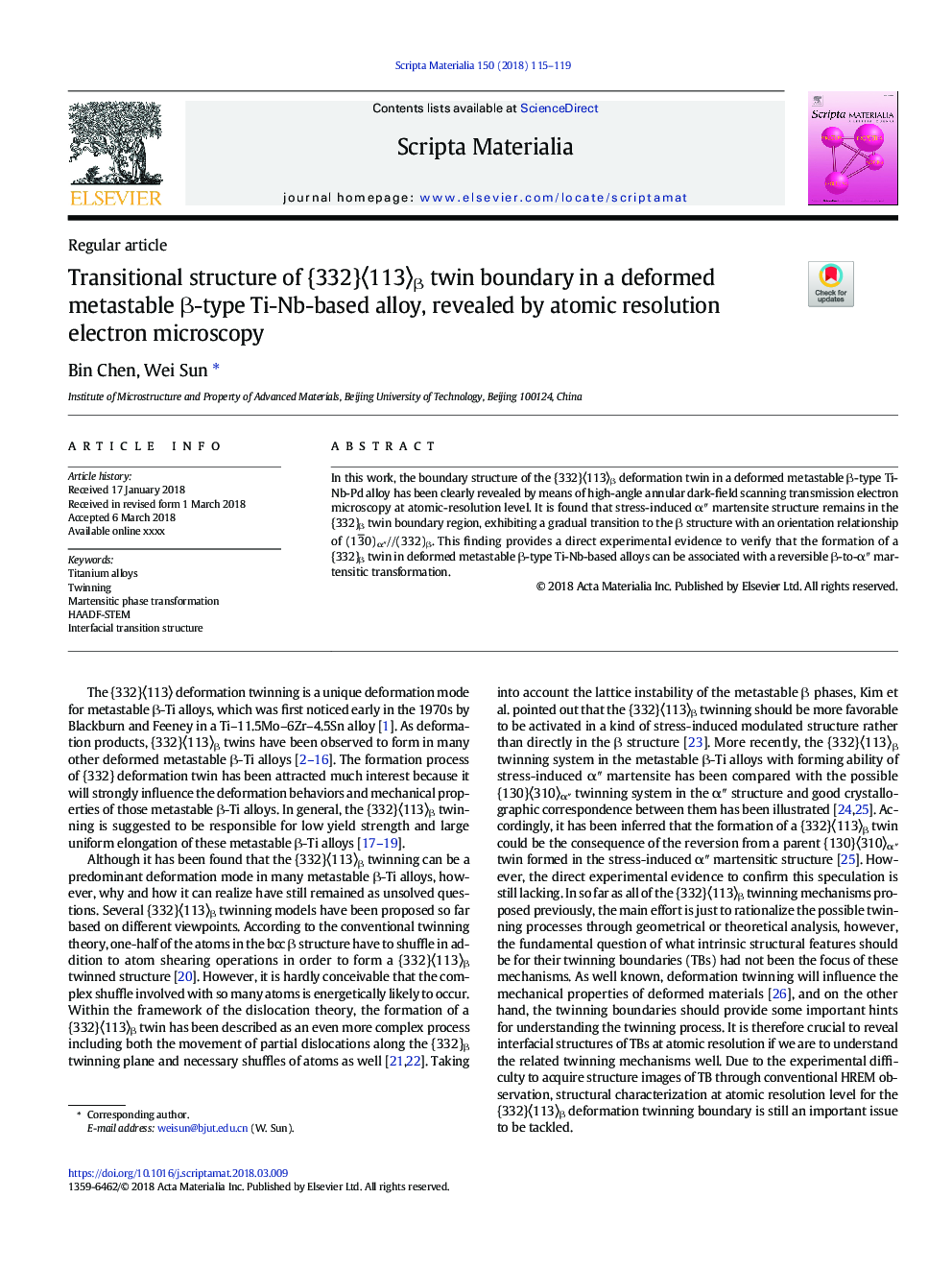 Transitional structure of {332}ã113ãÎ² twin boundary in a deformed metastable Î²-type Ti-Nb-based alloy, revealed by atomic resolution electron microscopy