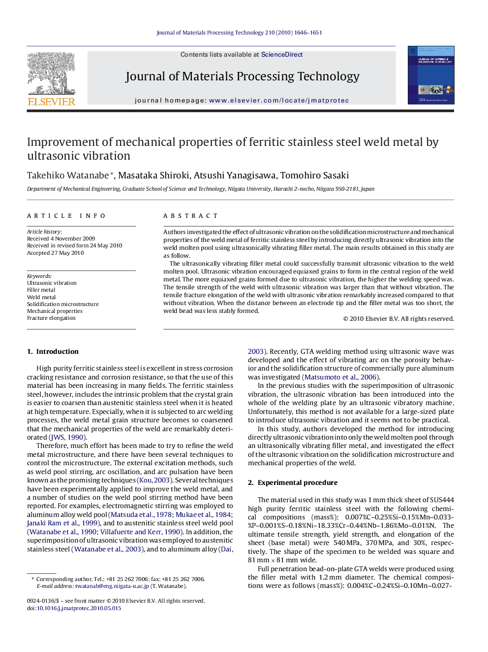 Improvement of mechanical properties of ferritic stainless steel weld metal by ultrasonic vibration