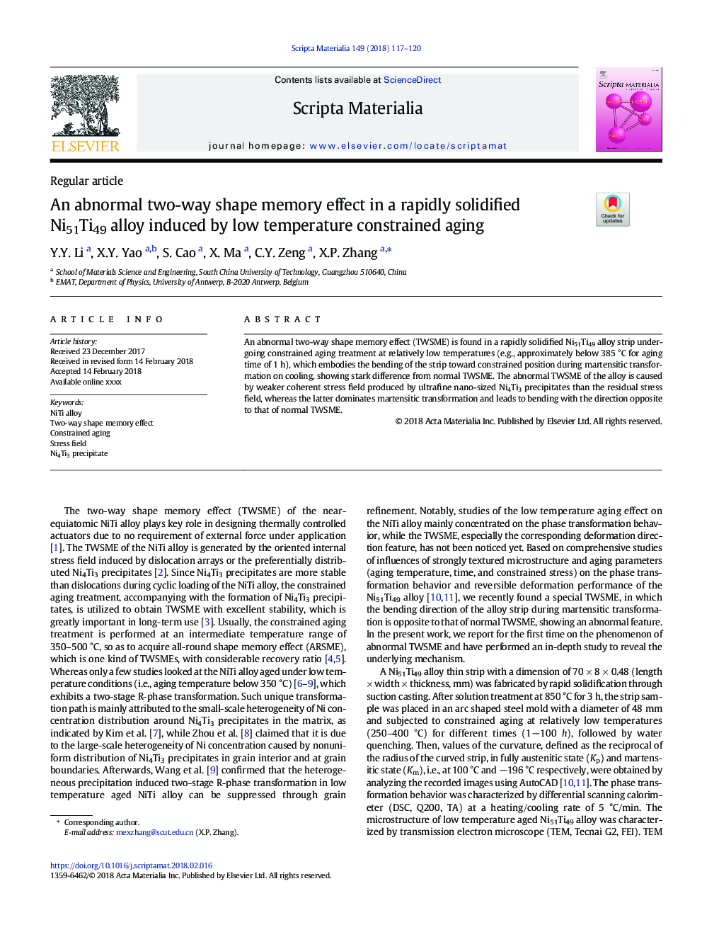 An abnormal two-way shape memory effect in a rapidly solidified Ni51Ti49 alloy induced by low temperature constrained aging